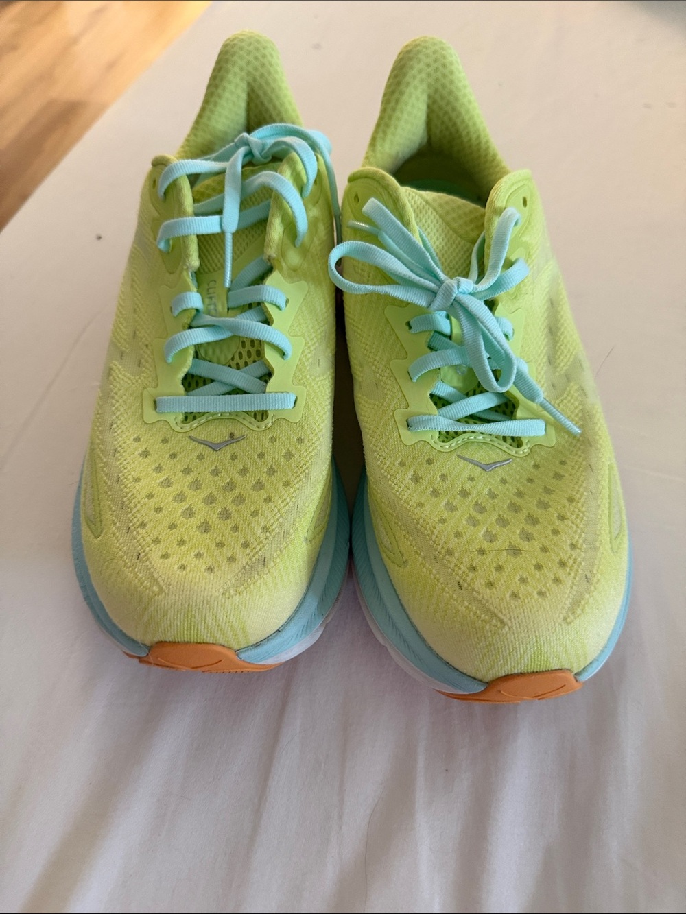 Hoka Neon Yellow with Light Blue Accents Running Shoes - Picture 2 of 5